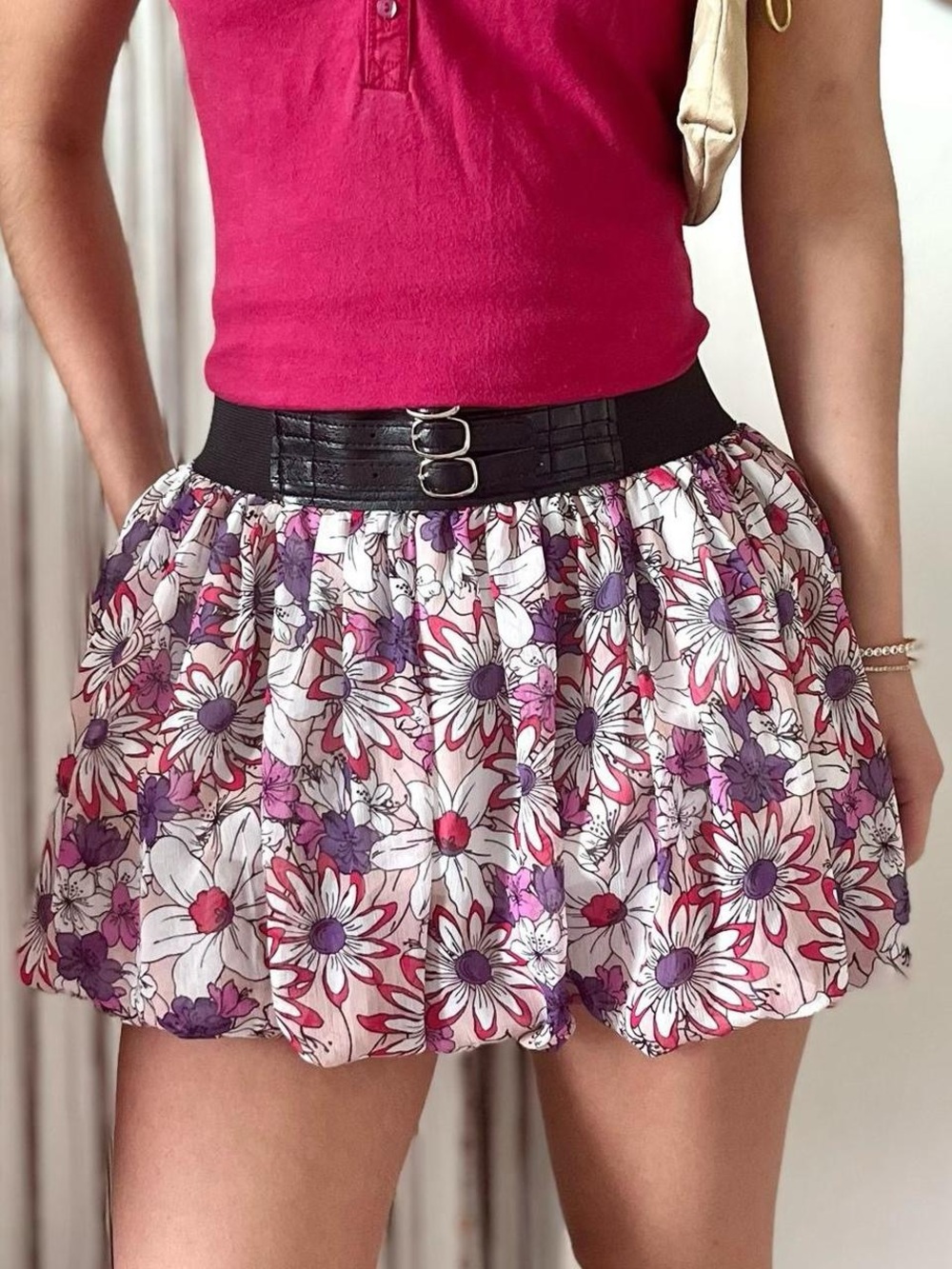 rue21 floral bubble mini skirt with belt waistband